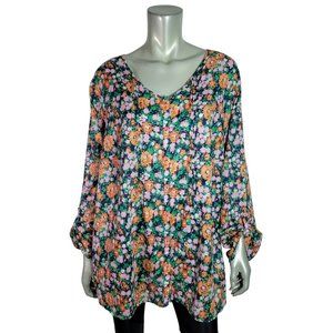 Liz Claiborne Top Plus Size 2X Floral V-Neck Roll Tab Sleeve Lightweight Orange